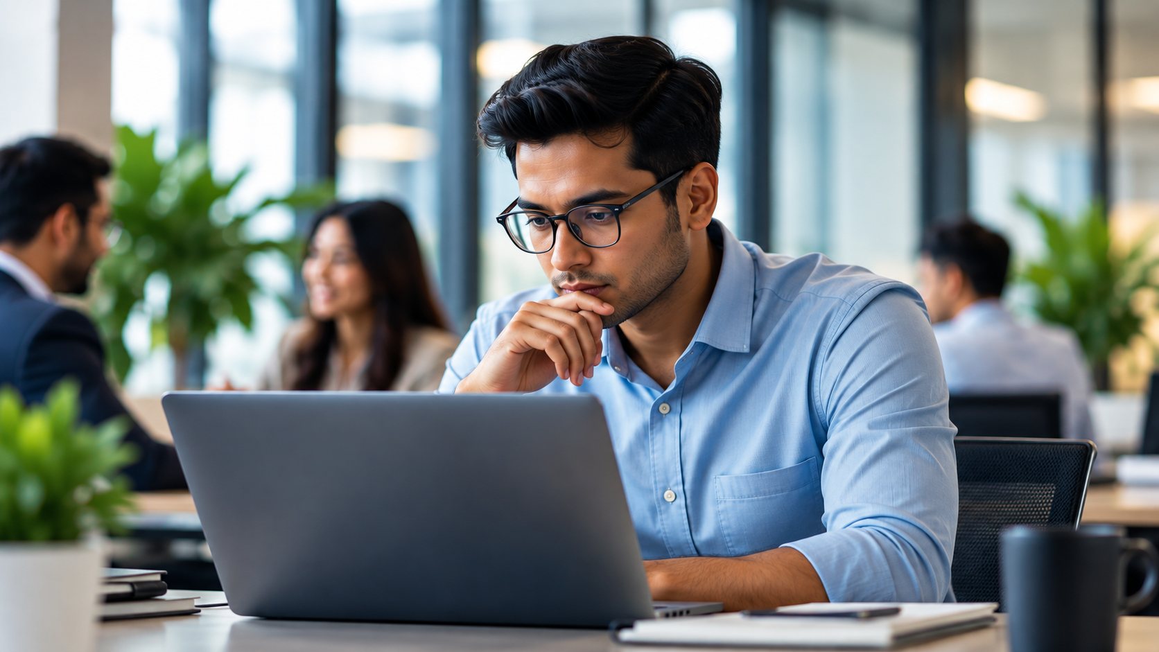 Professional focused on work at a laptop