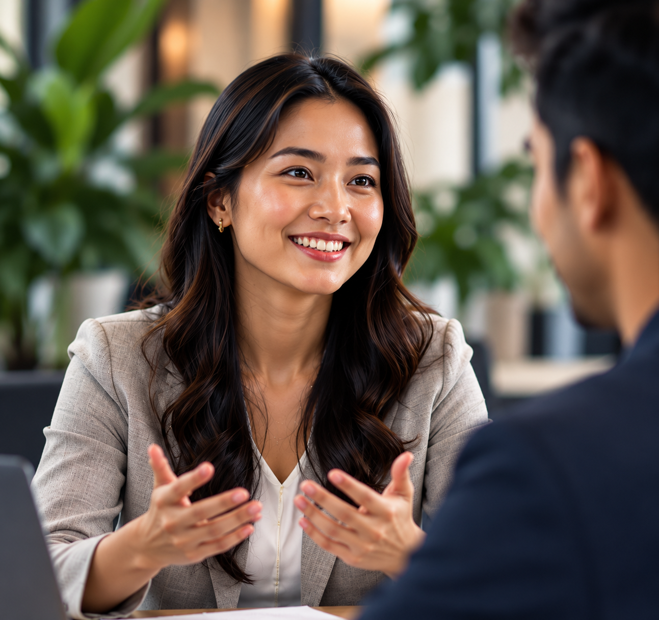 Professional woman explaining ideas in a friendly conversation
